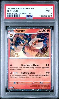 2025 POKEMON PRE EN-PRISMATIC EVOLUTIONS PRE 8-PACK MINI TIN HOLO FLAREON PSA 9 - Image 1