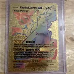 Pokemon Pikachu & Zekrom GX HP240 Tag Bolt Rainbow Gold Foil Fan Art Card - Image 1