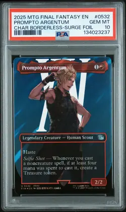 MTG FINAL FANTASY #0532 CHARACTER BORDERLESS SURGE FOIL PROMPTO ARGENTUM PSA 10 - Image 1