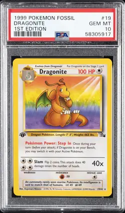 1999 POKEMON FOSSIL 1ST ED #19 DRAGONITE PSA 10 - Image 1