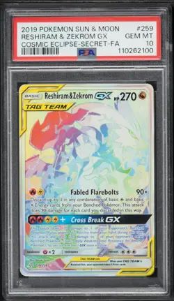 PSA 10 Reshiram & Zekrom GX Full Art Secret Rare Cosmic Eclipse 2019 Pokemon 259 - Image 1