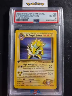 First Edition 2000 Pokemon Gym Challenge 28/132 Lt. Surge's Jolteon PSA NM-MT 8 - Image 1