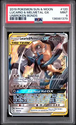 Lucario & Melmetal Gx Pokemon Sun & Moon Unbroken Bonds 120 NM PSA 9 - Image 1