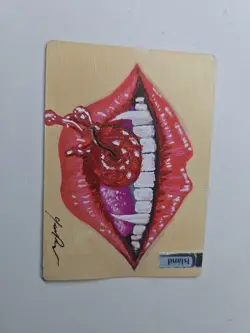 Hand-Painted MTG Island Alter – Pop Art Lips with Cherry – Unique Fan Art Card - Image 1