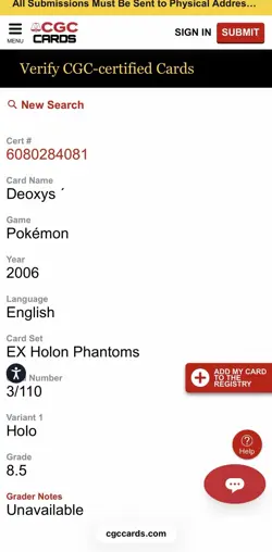 CGC 8.5 NM/Mint+ - Deoxys Holo 3/110 Holon Phantoms - English Pokemon TCG - Image 5