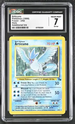 CGC 7 Additional Ink ERROR Articuno 1999 Fossil 2/62 Holo Pokemon Card - Image 1