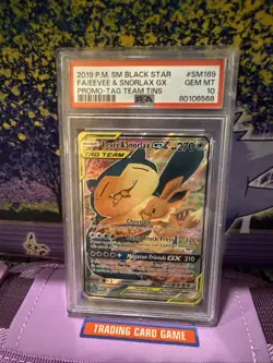 2019 Pokemon SM Black Star Promo Tag Team Tins FA Eevee Snorlax GX #SM169 PSA 10 - Image 1