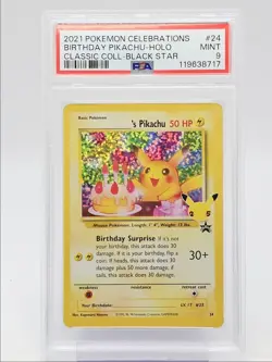 BIRTHDAY PIKACHU 2021 POKEMON CELEBRATIONS BLACK STAR HOLO PSA 9 Q0004 - Image 1