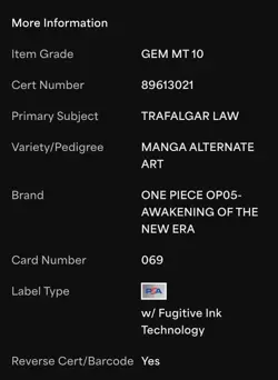 Bandai One Piece Trafalgar Law Alternate Art Foil OP05-069 PSA 10 2023 - Image 2