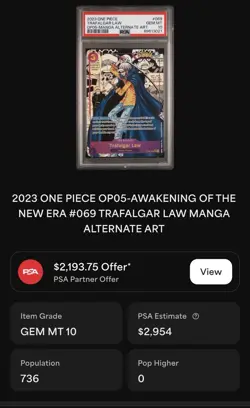 Bandai One Piece Trafalgar Law Alternate Art Foil OP05-069 PSA 10 2023 - Image 3