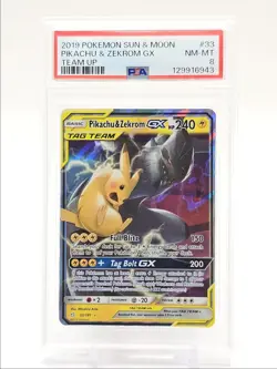 PIKACHU & ZEKROM GX 2019 POKEMON S&M TEAM UP RARE HOLO 33/181 PSA 8 Q0004 - Image 1
