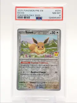 EEVEE 2025 POKEMON DAY 2025 PRISMATIC EVOLUTIONS COMMON 074/131 PSA 8 Q0004 - Image 1