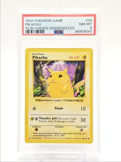 PIKACHU 1999 POKEMON BASE SET CHEEKS SHADOWLESS COMMON 58/102 PSA 8 Q0004 - Image 1