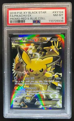 2016 Pokemon XY Black Star Promo Pikachu EX Red & Blue Collection XY124 PSA 8 - Image 1