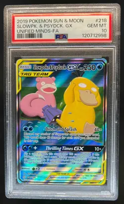 2019 Pokemon SM Unified Minds Slowpoke Psyduck Tag Team #218/236 PSA 10 - Image 1