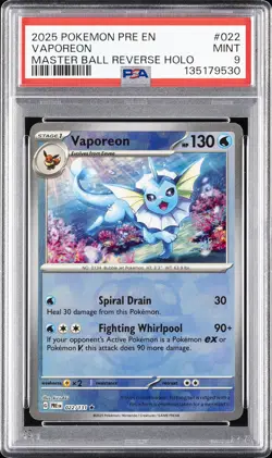 2025 POKEMON PRE EN-PRISMATIC EVOLUTIONS MASTER BALL REVERSE HOLO VAPOREON PSA 9 - Image 1