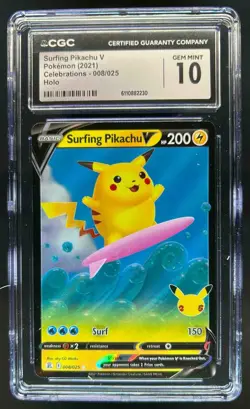 2021 Pokemon SWSH Celebrations Surfing Pikachu V #008/025 CGC 10 - Image 1