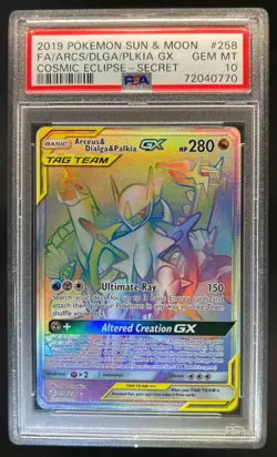 2019 Pokemon SM Cosmic Eclipse Arceus Dialga Palkia Tag Team #258/236 PSA 10 - Image 1