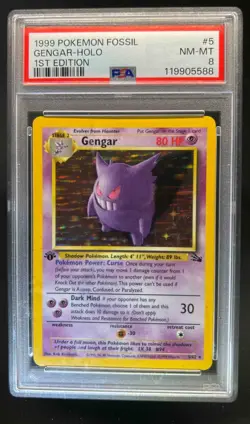 1999 Pokemon Fossil 1st Edition Gengar #5/62 PSA 8 - Image 1