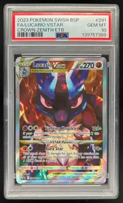 2023 Pokemon SWSH BSP Lucario Vstar Crown Zenith ETB Full Art #291 PSA 10 - Image 1