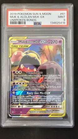 MUK & ALOLAN MUK GX 2019 Pokemon Sun & Moon Unbroken Bonds Tag Team #61 PSA 9 - Image 1