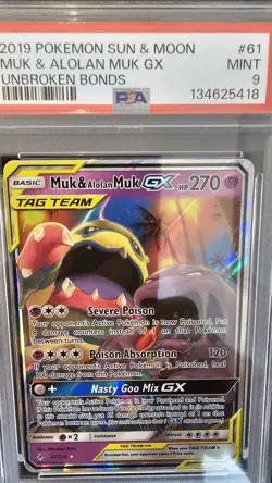 MUK & ALOLAN MUK GX 2019 Pokemon Sun & Moon Unbroken Bonds Tag Team #61 PSA 9 - Image 2