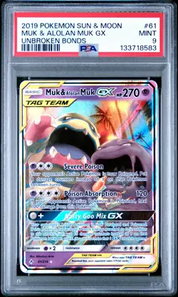 2019 POKEMON SUN & MOON UNBROKEN BONDS #61 MUK & ALOLAN MUK GX PSA 9 - Image 1