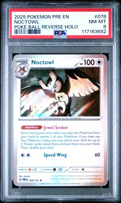 2025 POKEMON PRE EN-PRISMATIC EVOLUTIONS POKE BALL REVERSE HOLO NOCTOWL PSA 8 - Image 1