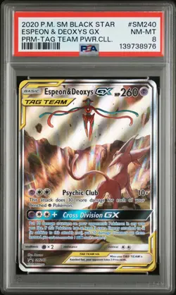 2020 POKEMON SM BLACK STAR PROMO TAG TEAM POWERS COLL ESPEON & DEOXYS GX PSA 8 - Image 1