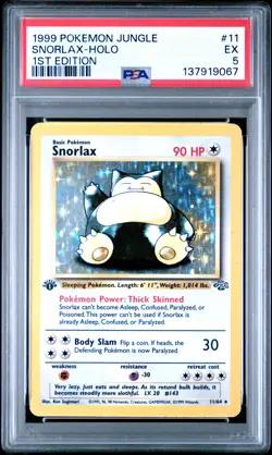 1999 POKEMON JUNGLE 1ST EDITION #11 SNORLAX-HOLO PSA 5 - Image 1