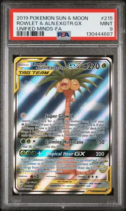 2019 POKEMON SUN & MOON UNIFIED MINDS FA/ROWLET & ALOLAN EXEGGUTOR GX PSA 9 - Image 1