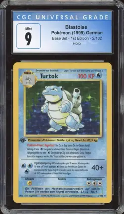 1999 Pokemon GERMAN 1st Edition Base Set Turtok-Blastoise Holo 2/102 CGC 9 MINT - Image 1