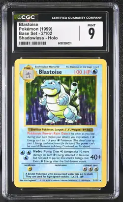 CGC 9 MINT Blastoise 1999 Base Set 2/102 Shadowless Holo Pokemon Card - Image 1