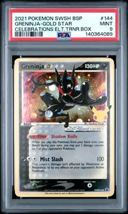 Pokemon BSP Promo Greninja Gold Star Celebrations SWSH144 PSA 9 "Mew Tail" Swirl - Image 1