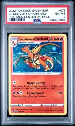 2022 POKEMON SPECIAL DELIVERY CHARIZARD SWSH075 BLACK STAR PROMO HOLO CARD PSA 8 - Image 1