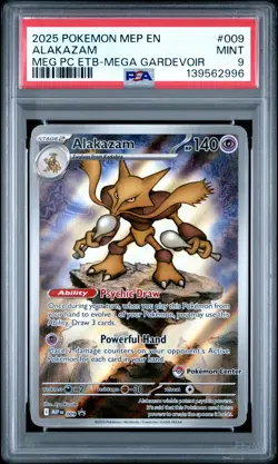 2025 POKEMON MEP MEGA EVOLUTION POKEMON CENTER ETB PROMO #009 ALAKAZAM PSA 9 - Image 1