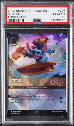 2023 DISNEY LORCANA EN 1-THE FIRST CHAPTER ENCHANTED #206 STITCH PSA 10 - Image 1