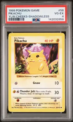 1999 POKEMON BASE SET YELLOW CHEEKS-SHADOWLESS #58 PIKACHU PSA 4 - Image 1