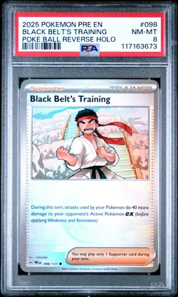 2025 POKEMON PRE POKE BALL REVERSE HOLO BLACK BELT'S TRAINING PSA 8 - Image 1