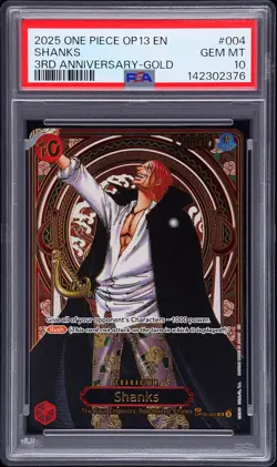 2025 ONE PIECE OP13-CARRYING ON HIS WILL 3RD ANNIVERSARY GOLD #004 SHANKS PSA 10 - Image 1
