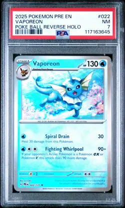 2025 POKEMON PRE EN-PRISMATIC EVOLUTIONS POKE BALL REVERSE HOLO VAPOREON PSA 7 - Image 1