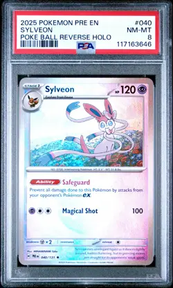 2025 POKEMON PRE EN-PRISMATIC EVOLUTIONS POKE BALL REVERSE HOLO SYLVEON PSA 8 - Image 1