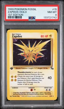 1999 POKEMON FOSSIL 1ST EDITION #15 ZAPDOS-HOLO PSA 8 - Image 1