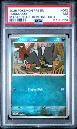 2025 POKEMON PRE EN-PRISMATIC EVOLUTIONS MASTER BALL REVERSE HOLO HOUNDOUR PSA 7 - Image 1