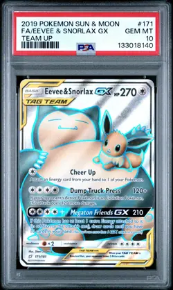 2019 POKEMON SUN & MOON TEAM UP #171 FULL ART/EEVEE & SNORLAX GX PSA 10 - Image 1