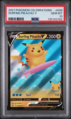 2021 POKEMON CELEBRATIONS #008 SURFING PIKACHU V PSA 10 - Image 1