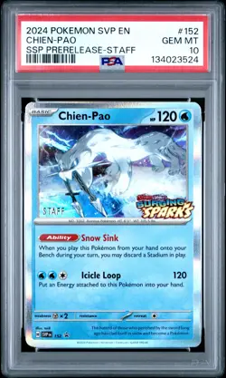 2024 POKEMON SVP SURGING SPARKS PRERELEASE-STAFF #152 CHIEN-PAO PSA 10 - Image 1