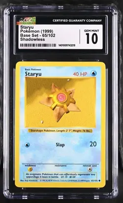 POKEMON BASE SET SHADOWLESS STARYU 65/102 VINTAGE RARE CGC 10 GEM MINT - Image 1