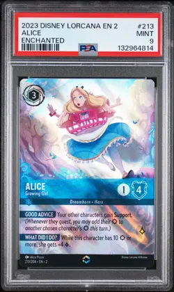 2023 DISNEY LORCANA EN 2-RISE OF THE FLOODBORN ENCHANTED #213 ALICE PSA 9 - Image 1