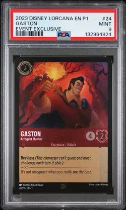 2023 DISNEY LORCANA EN P1-PROMO EVENT EXCLUSIVE GASTON - ARROGANT HUNTER PSA 9 - Image 1